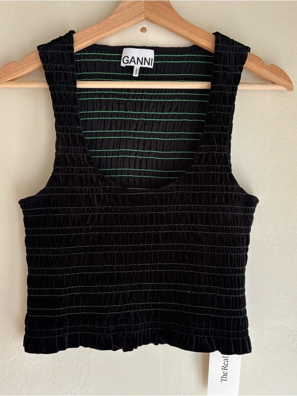 Ganni Black Smocked Cropped Tank Top with Green Stitching - Picture 1 of 8